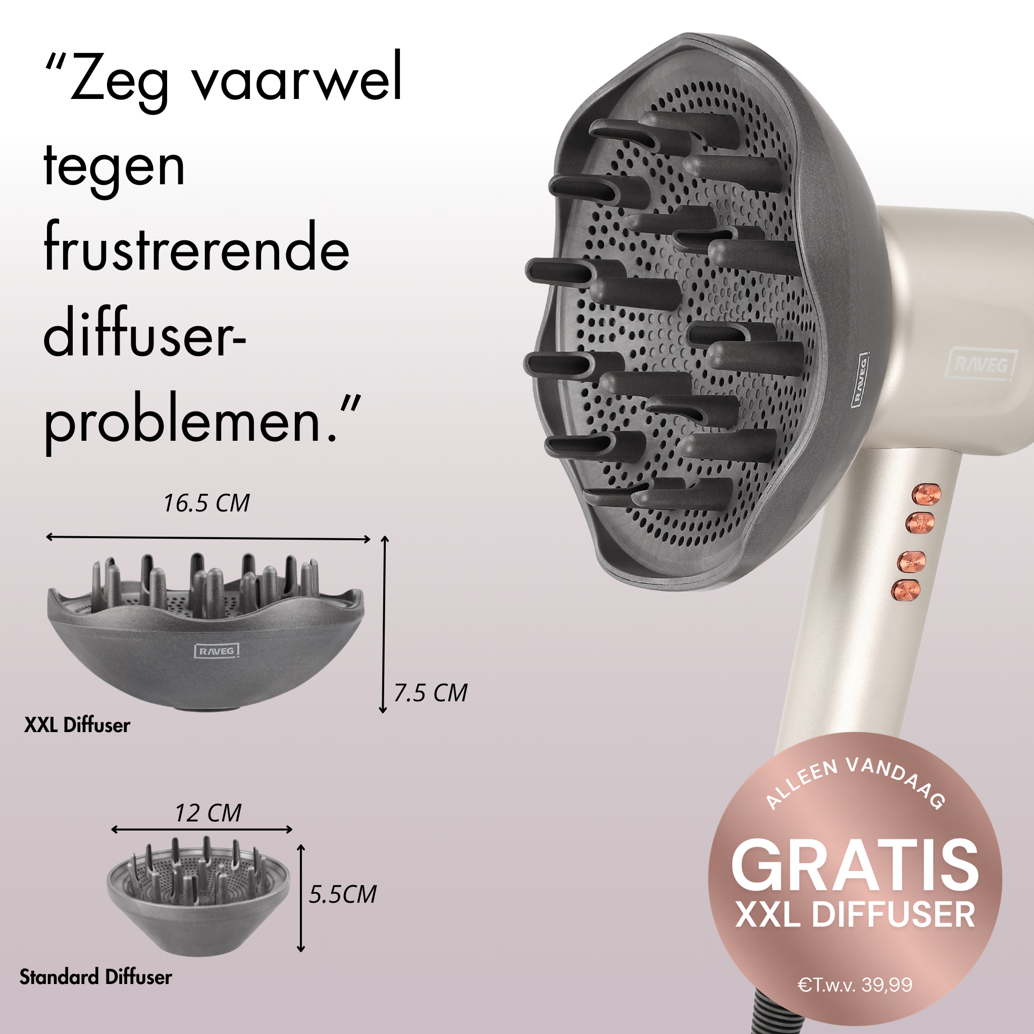 RAVEG Gold – MAGAZIJNUITVERKOOP EXCLUSIVE: Creëer salonwaardige krullen met een gratis XXL Diffuser bij je haardroger