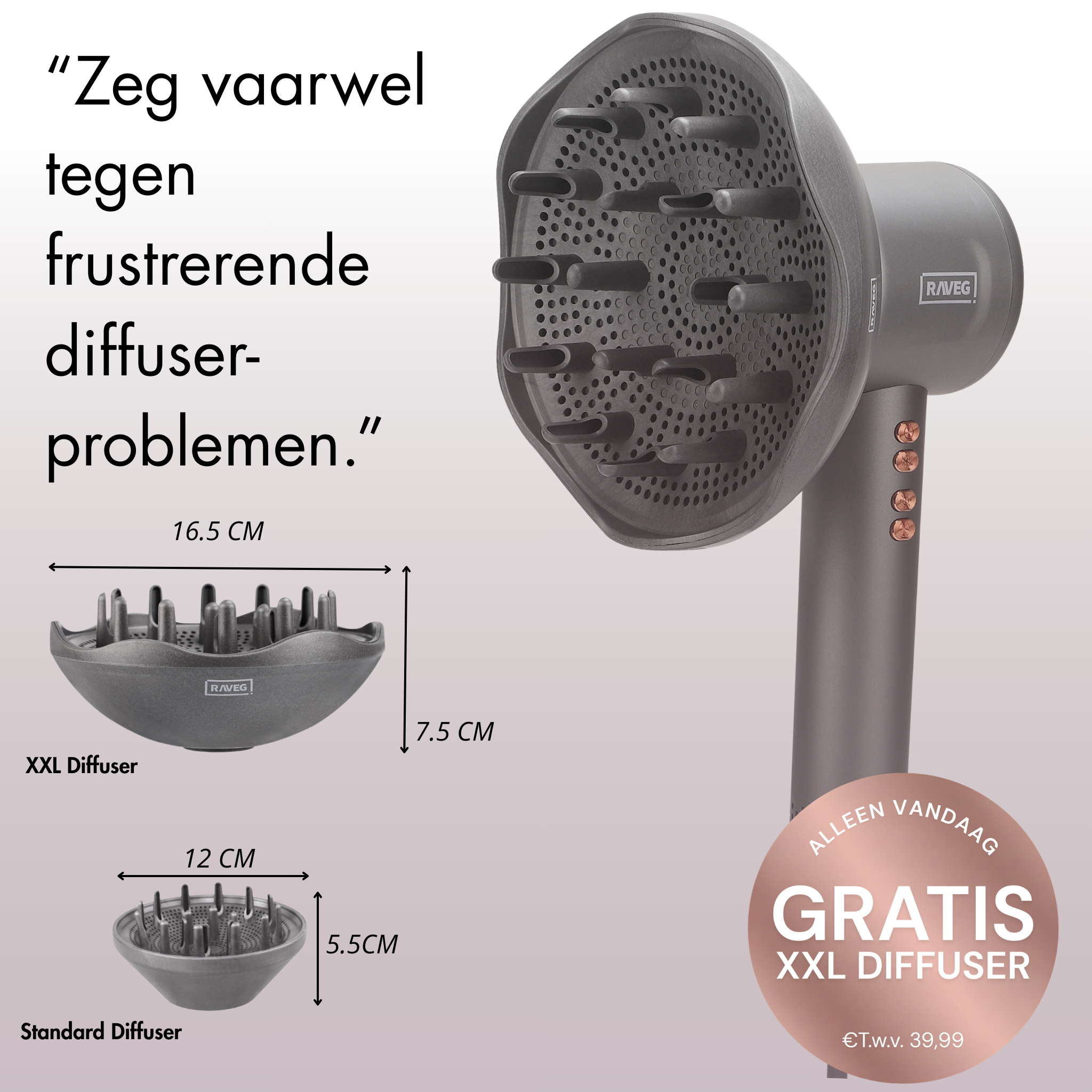 RAVEG Angor Grey haardroger – Droog je haar in record-tijd met een gratis XXL Diffuser