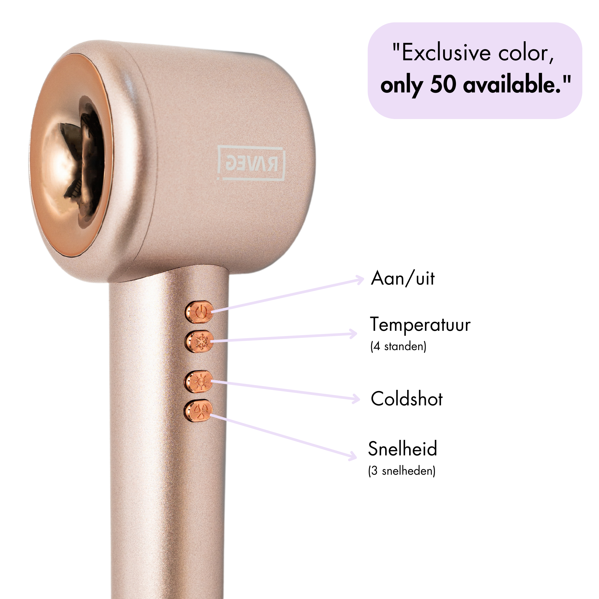 RAVEG Rose Gold haardroger – Droog je haar in record-tijd met een gratis XXL Diffuser