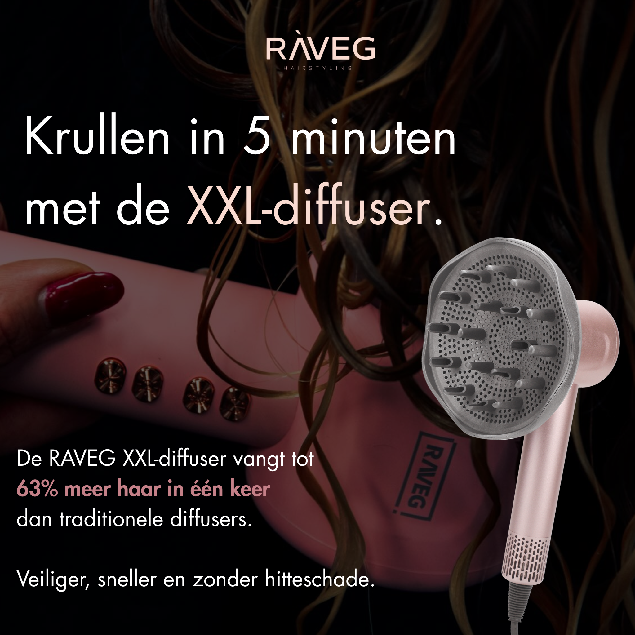 RAVEG Hair dryer with XXL Diffuser Rose Gold