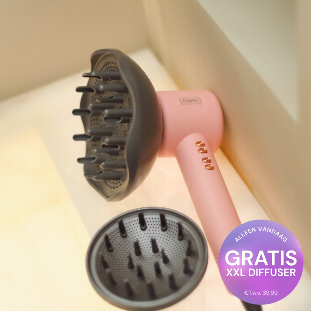 RAVEG Pink – MAGAZIJNUITVERKOOP EXCLUSIVE: Creëer salonwaardige krullen met een gratis XXL Diffuser bij je haardroger