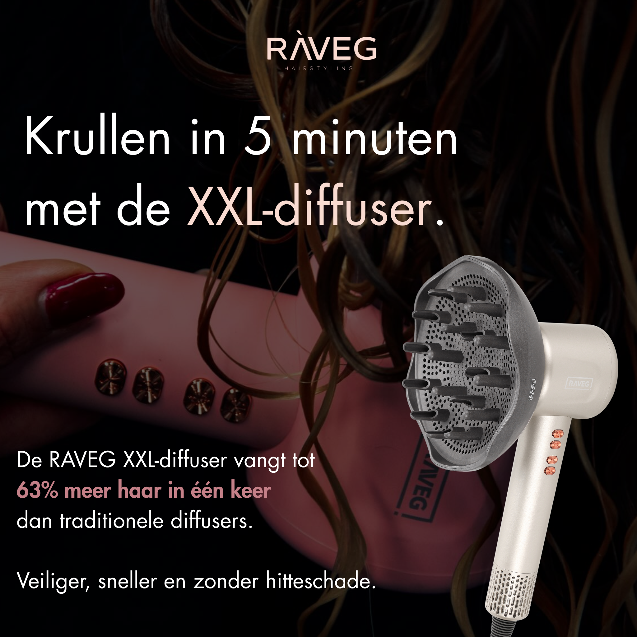 RAVEG Gold haardroger - Droog je haar in record-tijd met een gratis XXL Diffuser