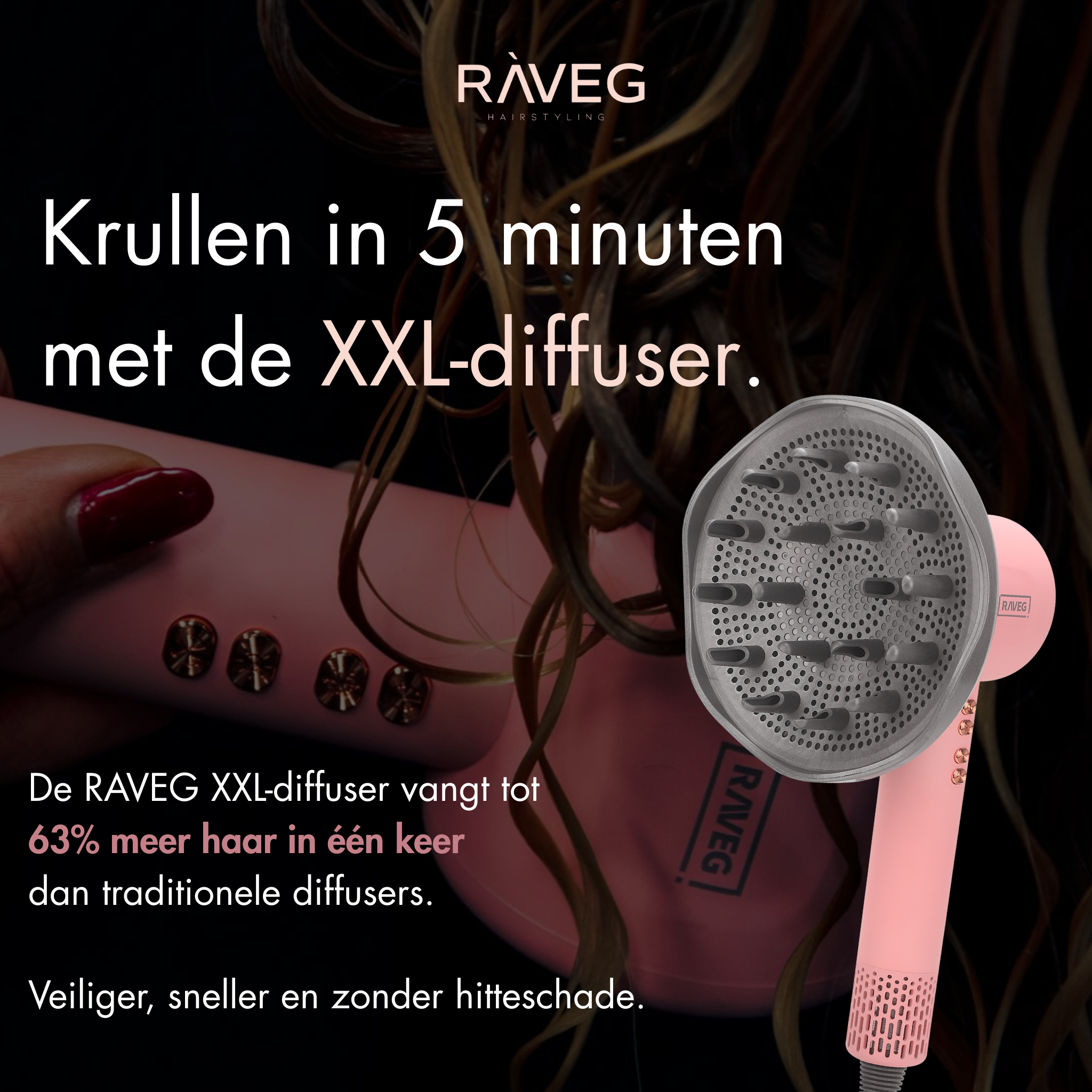 RAVEG Pink – LENTE-UITVERKOOP EXCLUSIVE: Creëer salonwaardige krullen met een gratis XXL Diffuser bij je haardroger