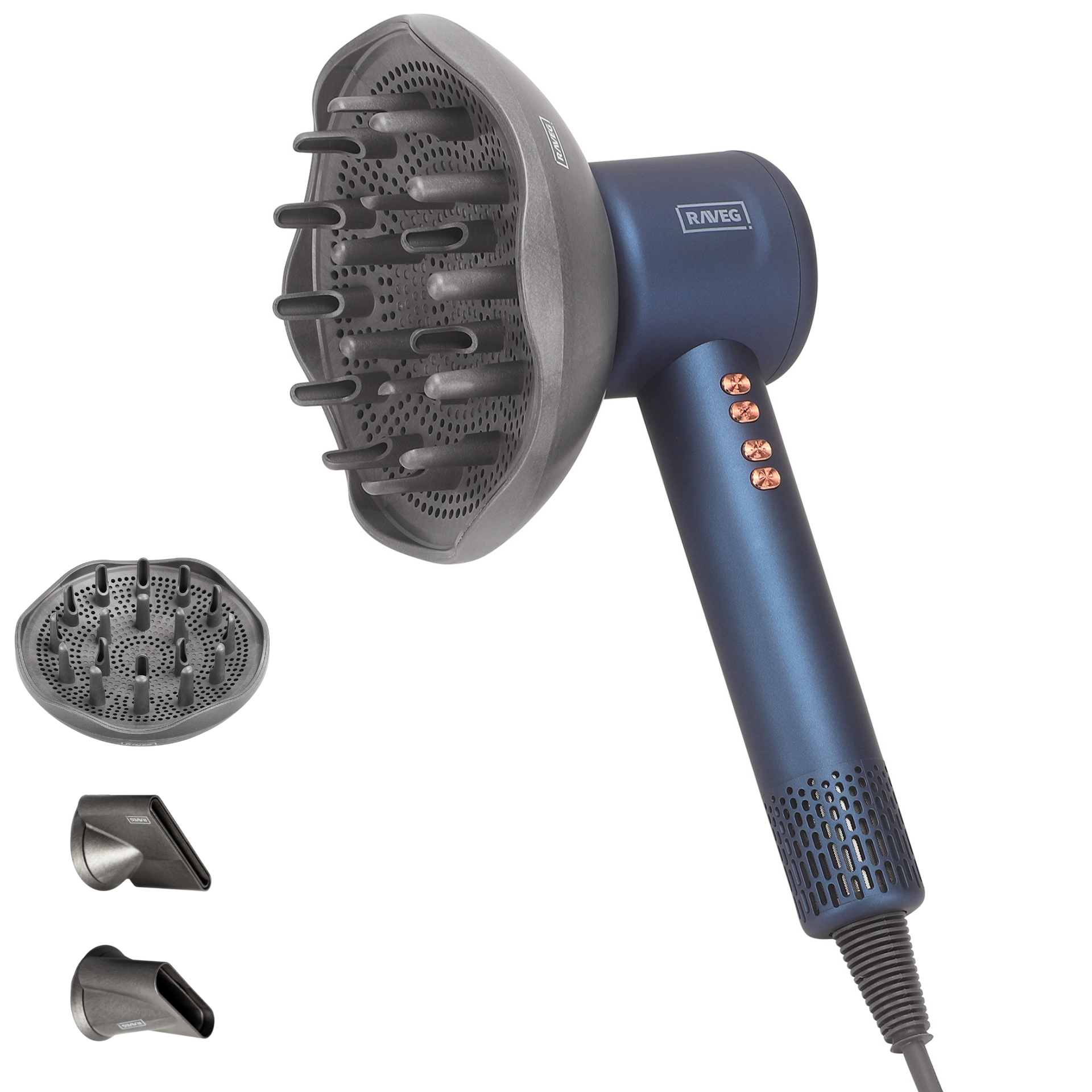 RAVEG Navy Blue haardroger – Droog je haar in record-tijd met een gratis XXL Diffuser