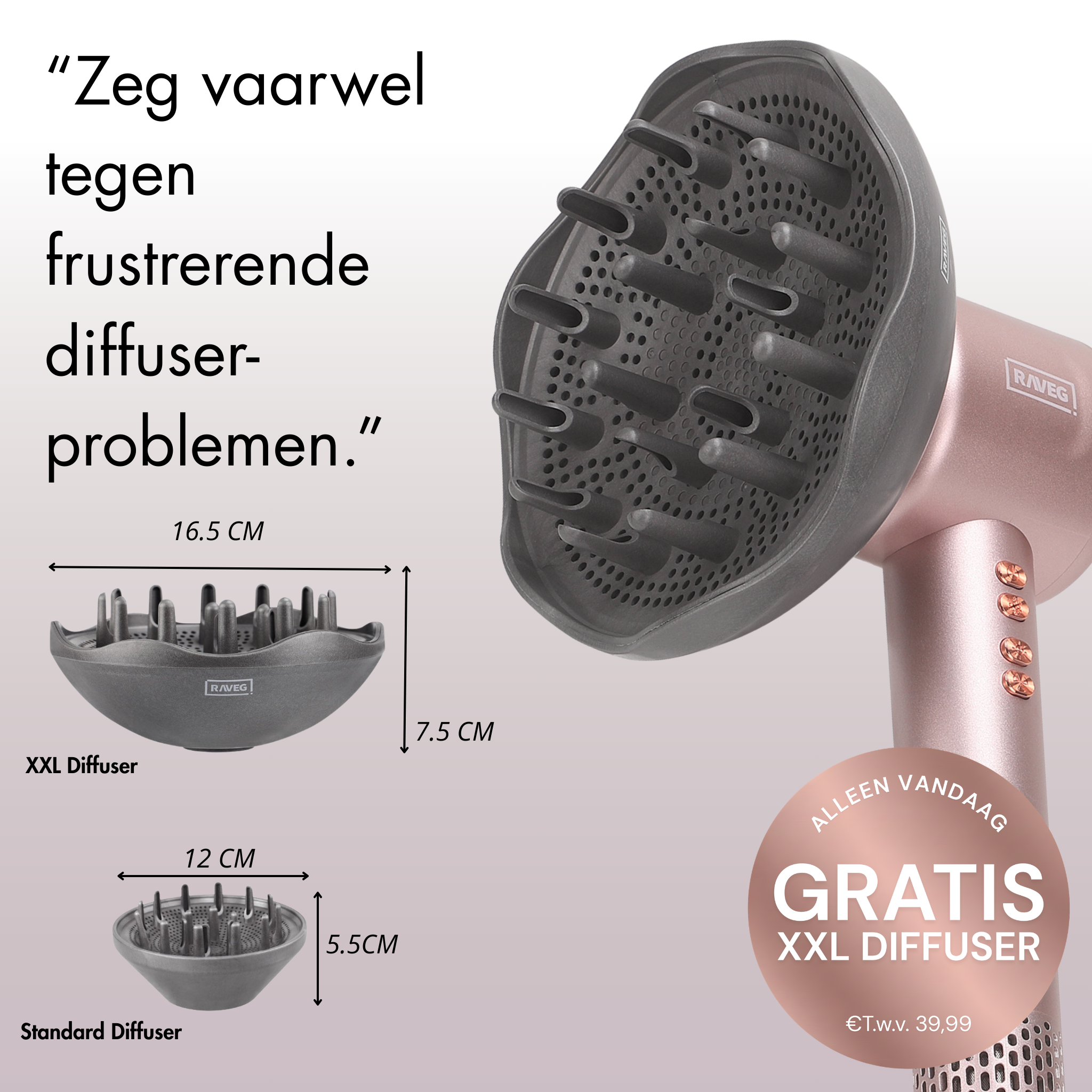 RAVEG Rose Gold haardroger – Droog je haar in record-tijd met een gratis XXL Diffuser
