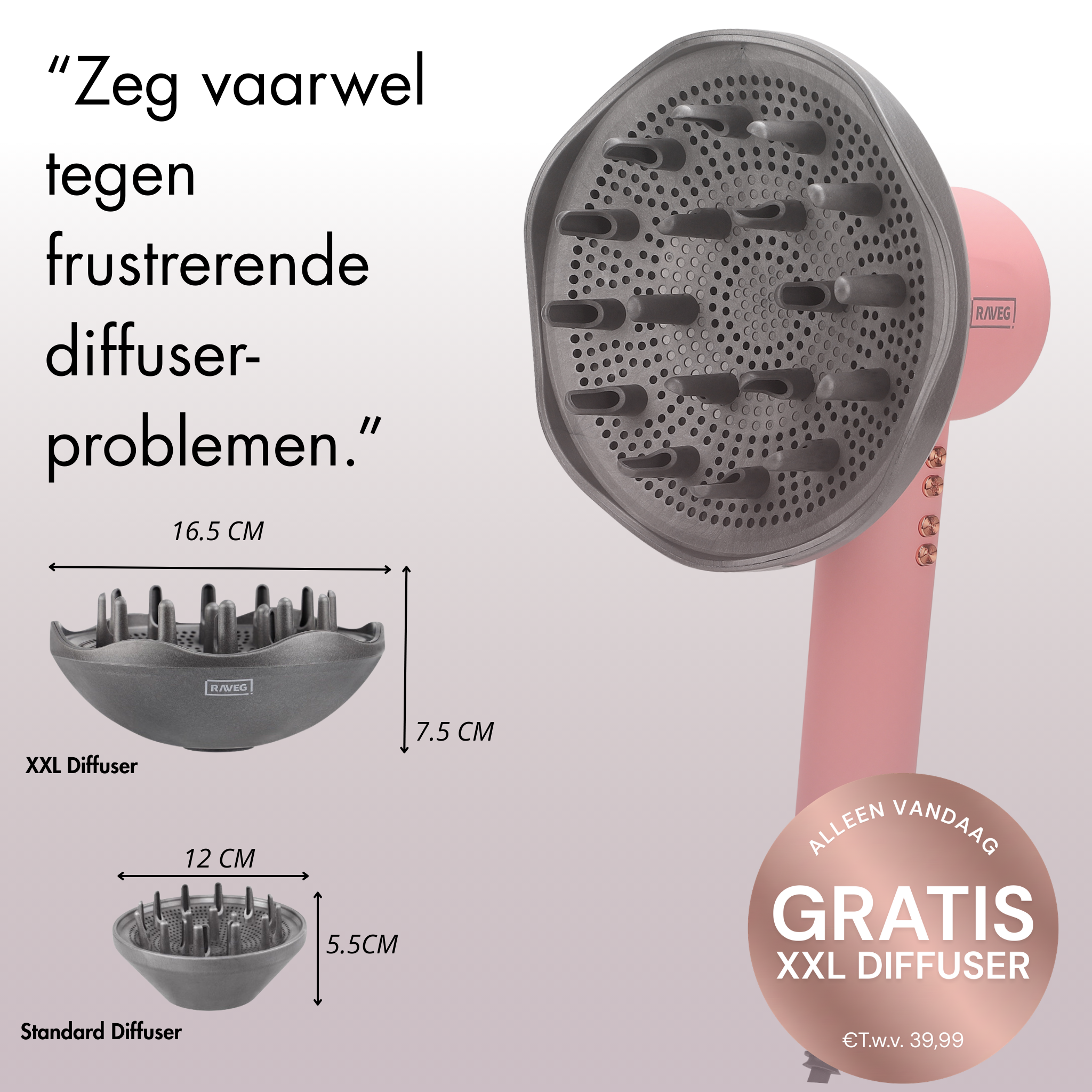 RAVEG Pink haardroger – Droog je haar in record-tijd met een gratis XXL Diffuser