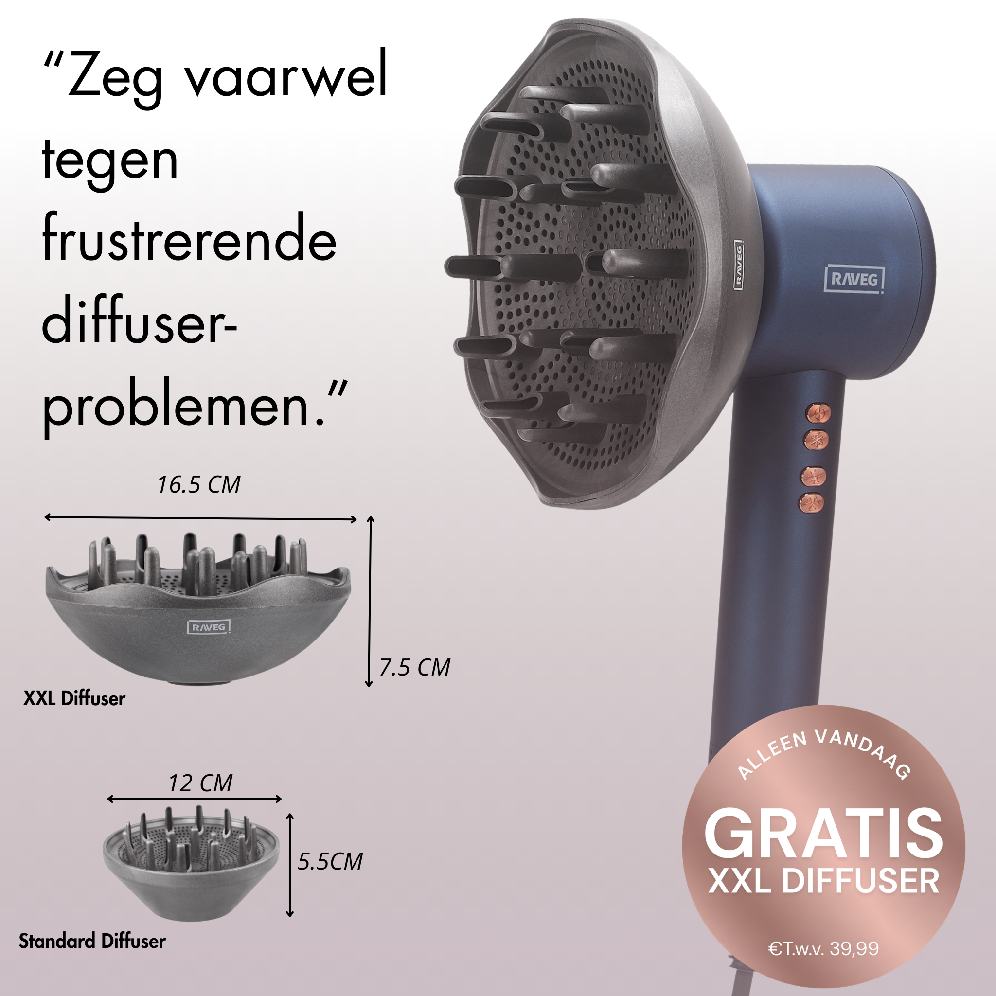 RAVEG Navy Blue haardroger – Droog je haar in record-tijd met een gratis XXL Diffuser