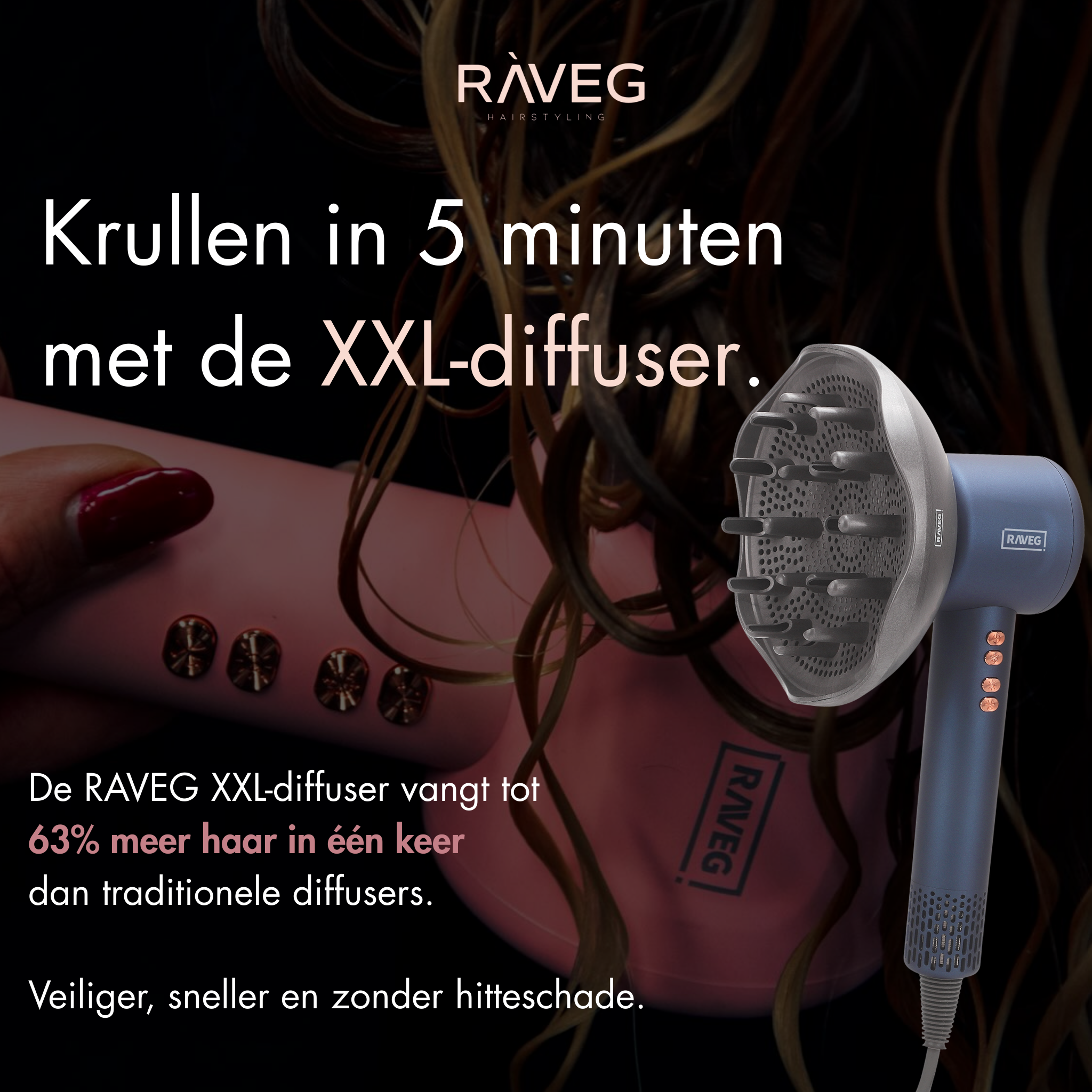 RAVEG Navy Blue haardroger – Droog je haar in record-tijd met een gratis XXL Diffuser