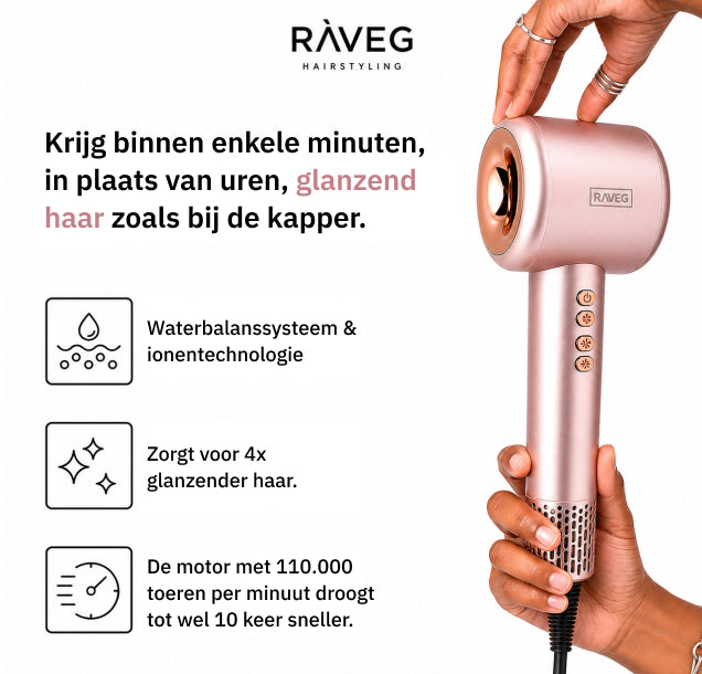 RAVEG Rose Gold haardroger – Droog je haar in record-tijd met een gratis XXL Diffuser